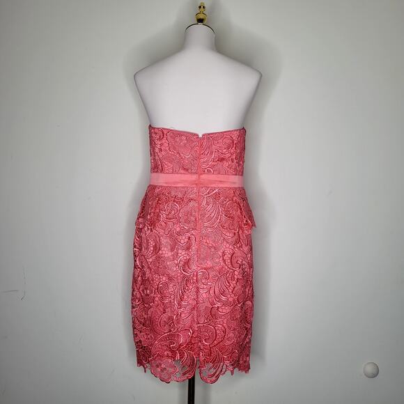 Cache Coral Pink Crochet Lace Strapless Bodycon Pencil Peplum Dress Size 12 POEC - Picture 2 of 8